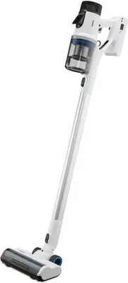 A white and silver cordless stick vacuum cleaner is shown against a white background.