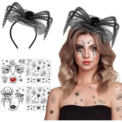 Produktbild von Spinnen Haarreif & Halloween Tattoo Gesicht Set für Kostüm, Karneval, Fasching