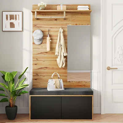 A compact wardrobe set with a bench, mirror, shelves, and hooks, placed in a hallway or entryway.
