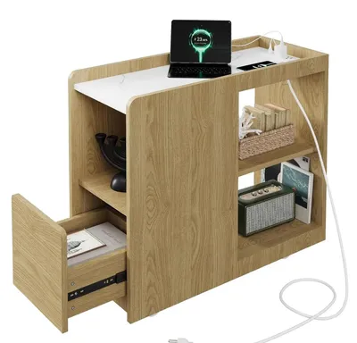 Immagine prodotto di Tavolino con stazione di ricarica - Comodino / Tavolino da salotto - 2 prese CA con spina UE - Cassetto e ripiano - Legno - Rovere
