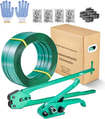 Immagine prodotto di Set di reggiatura - Reggiatrice manuale - 6 pezzi - Nastro di reggiatura in PET 457 m - Capicorda di chiusura 450 pezzi - Angolari di protezione 150 pezzi - Per imballaggio, trasporto e stoccaggio