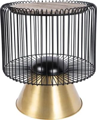 A round side table with a black metal cage-like structure, a wooden top, and a gold conical base.
