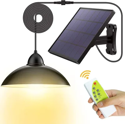 A solar-powered pendant light with a remote control, shown against a white background.