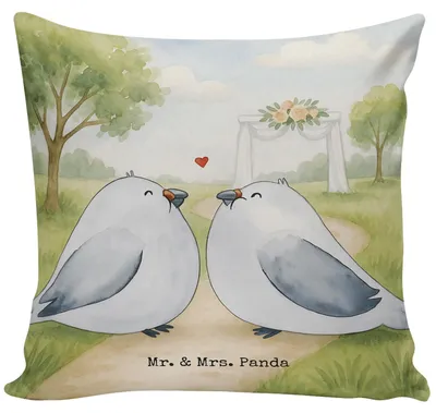 Produktbild von Mr. & Mrs. Panda Dekokissen Tauben Liebe Design - Weiß - Geschenk, Hochzeitskarte, Sofa Kissen, Polster, Paargeschenk, Taube, Sofakissen, Hochzeit, Deko, bedruckt, Paar