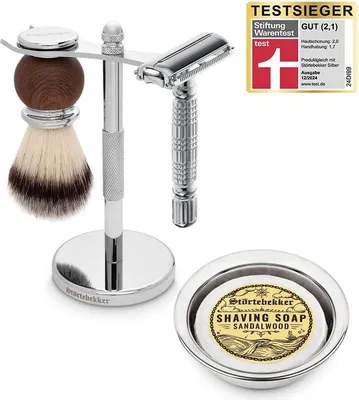 Produktbild von Störtebekker® Rasierständer Set - mit Rasierhobel, Rasierpinsel, Rasierschale und Rasierseife (Sandelholz) - Rasierset / Bartpflege Set -Geschenkidee