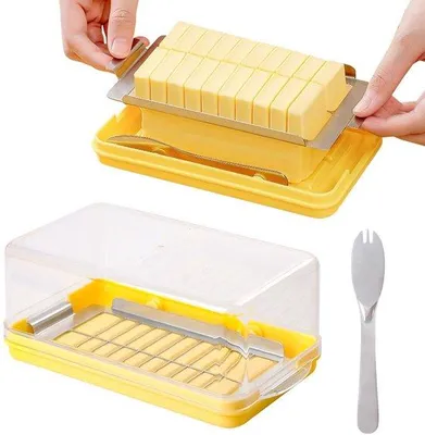 Produktbild von Unyqoos® Butterdose mit transparentem Deckel und Buttergabel, Kunststoff/Edelstahl, 19 x 10 x 8 cm, für Butterstücke bis 454 g