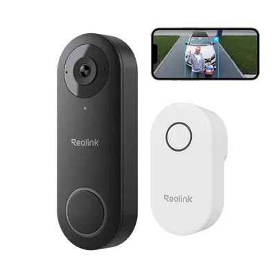 A black video doorbell and a white chime are displayed next to a smartphone showing a video feed.