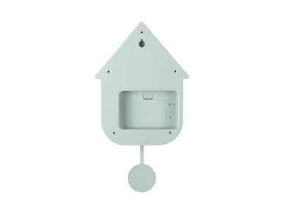 The back of a light blue cuckoo clock shaped like a house, with a pendulum hanging below.
