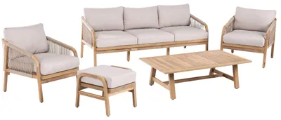 Produktbild von BELIANI Lounge Set Hellbraun Akazienholz u. Flechtseil 5-Teilig Rustikales Gartenset Gartenmöbel Set 3-Sitzer Sofa 2 Sessel Fußhocker u. Couchtisch
