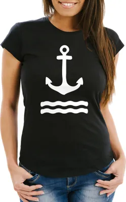 Produktbild von Damen T-Shirt Anker Wasserwelle Slim Fit Neverless® schwarz L