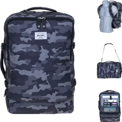 Produktbild von Rucksack Damen Herren Reiserucksack Bestway Cabin Pro IATA 42 Liter Handgepäck Laptopfach Schultergurt 40252-0159 Camo Grau Schwarz + 1L Flüßigkeitenbeutel Elephant