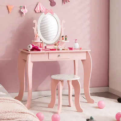 Produktbild von GOPLUS Schminktisch Set, Schminktisch und Hocker Set mit Spiegel Schublade, Schmetterlings Kosmetiktisch in rosa für Kinderzimmer Schlafzimmer