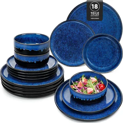 Produktbild von Geschirrset 18-teilig für 6 Personen, Steinzeug, blau, inkl. Speise-, Dessertteller & Müslischalen