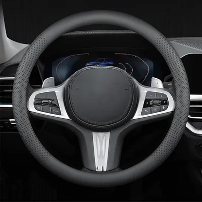 Immagine prodotto di Copertura per volante in vera pelle, 38 cm, modello D, colore nero, antiscivolo, universale, adatta per tutte le stagioni