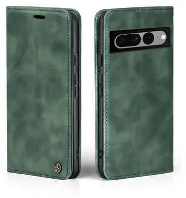 A green flip case for a Google Pixel 7 Pro phone, shown from the front and side.
