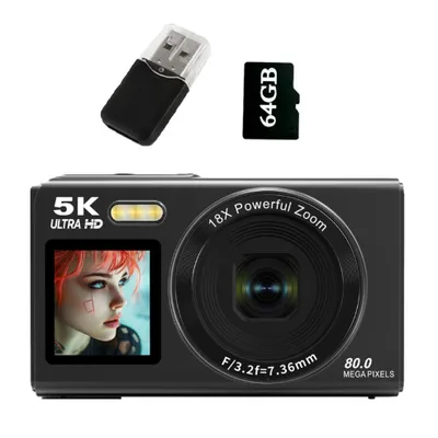 A digital camera with accessories displayed on a white background.