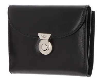 A black leather wallet with a silver clasp is shown against a white background.