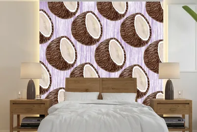 Produktbild von MuchoWow® Fototapete für Wohnzimmer oder Schlafzimmer Wandtapete Vinyl Motivtapete Kokosnuss - Lila - Weiß - 300x300 cm - Wanddekoration
