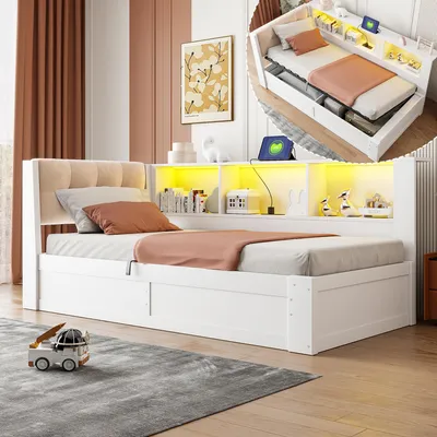 Produktbild von MODFU Tagesbett 90x200 mit LED,Jugendbett mit hydraulischem Stauraum,Regal und USB-Anschluss,Schlafsofa Bettrahmen aus Kiefernholz,Weiß (Ohne Matratze)