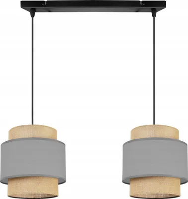 Produktbild von Boho Hängelampe - Deckenlampe - Pendelleuchte aus Metall mit Lampenschirm aus Stoff - E27 - 2-Flammig - Grau und Jute