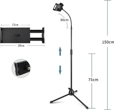 Produktbild von Tragbarer Stativständer für Tablets und Smartphones, verstellbarer Ständer für 4,7-10,6 Zoll große Telefone und Tablets, höhenverstellbar von 75-150 cm, 360° drehbar, ideal für Live-Streaming, Videos und Filme