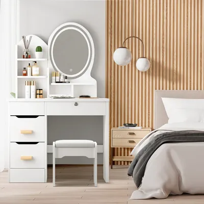 Produktbild von 7MAGIC Schminktisch mit Hocker & LED-Beleuchtung Spiegel, einstellbare Helligkeit, 3 Farbtemperaturen, Kosmetiktisch mit 4 Schubladen & 3 Ablagen, Modern Schlafzimmer Frisiertisch, 90x40x138cm, Weiß