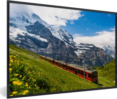 Produktbild von MuchoWow® Gerahmtes Poster Ein roter Zug in den Alpen 90x60 cm - Poster mit Schwarzem Bilderrahmen Wandposter Rahmen Foto Bilder - Fotorahmen - Foto-Plakat