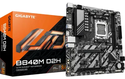 Zdjęcie produktu dla GIGABYTE B840M D2H, AMD, Gniazdo AM5, AMD Ryzen 7000 Series, AMD Ryzen 8000 Series, AMD Ryzen 9000 Series, Gniazdo AM5, DDR5-SDRAM, 128 GB