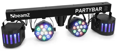 Image de Beamz Partybar 2 - 100 W, 2 PAR, 2 projecteurs Derby, fonctionnement DMX ou autonome, mode contrôlé par la musique avec sensibilité réglable, mode automatique, affichage LED, trépied, noir
