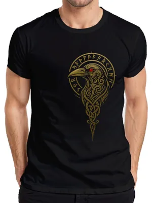 Obrázok produktu pre Viking Raven Runes Celtic Knot Nordic Mythology Gold pánske tričko, čierna, M