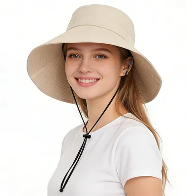 Produktbild von Sonnenhut Damen mit Pferdeschwanzloch, breite Krempe, faltbar, verstellbarer Kinnriemen, beige