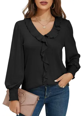 Produktbild von Damenbluse V-Ausschnitt Puffärmel Elegant Stilvoll Vintage Schwarz XXL