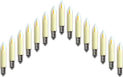 A collection of LED filament candle bulbs arranged in an arch shape on a white background.