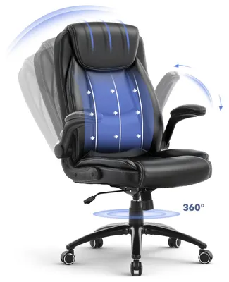 Image de Fauteuil de bureau ergonomique en cuir, accoudoirs rabattables à 90°, dossier réglable de 103° à 120°, fonction bascule, fauteuil de direction à dossier haut, rembourrage extra-épais, charge maximale de 136 kg, fauteuil de bureau pour le télétravail