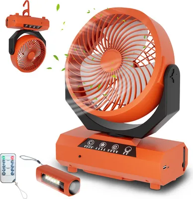 Produktbild von Clanmacy Tragbarer, wiederaufladbarer Ventilator - 20000mAh Camping-Ventilator mit Licht und Haken, geeignet für Zelte, im Freien - USB-batteriebetriebener Ventilator, geeignet für Picknicks, Grillpartys, Angeln,Orange
