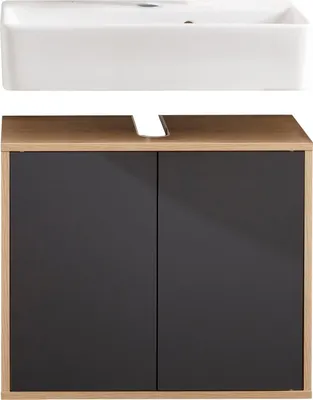 Produktbild von FACKELMANN FINN Badmöbel Set 2 Teile / Waschbecken / Waschbeckenunterschrank mit 2 Türen / Badschrank mit Push-to-Open / Korpus & Front: Schwarz / Rahmendekor & Füße: Braun hell / Breite: 60 cm