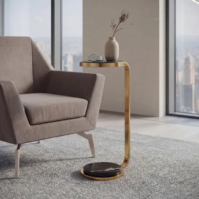 Obrázek produktu pro FineBuy Odkládací stolek z kovu s černou mramorovou deskou, 72 cm, kulatý, skleněný, ve tvaru písmene C, konferenční stolek, stolek k pohovce, obývací stolek, vysoký, ručně vyrobený