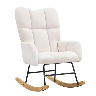 A white teddy fabric rocking chair with a black metal frame and wooden rockers, shown from the front.