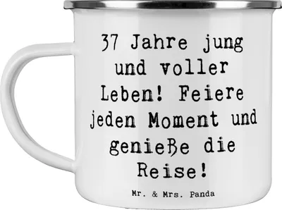 Produktbild von Mr. & Mrs. Panda becher emaille Spruch 37. Geburtstag Lebensfreude - Weiß - Geschenk, positives Motto, Happy Birthday, Outdoor Tasse, Lächeln, feiere jeden Moment, Pott