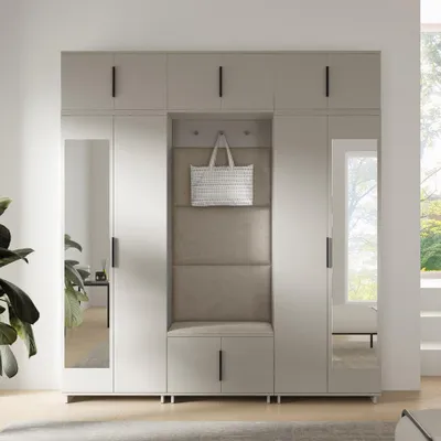 Produktbild von Garderoben-Set Napoli Version 2:Kleiderschrank mit Polsterpaneelen, Schuhschrank, Hängeschrank für Flur und Eingangsbereich (Cashmere/Trinity 03)
