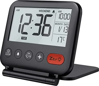 Produktbild von Noklead Mini Digital Wecker - Kleine moderne Reisemperaturanzeige, Datum, LCD -Snooze -Hintergrundbeleuchtung, Batterie -Tisch -Wohnzimmer (schwarz)