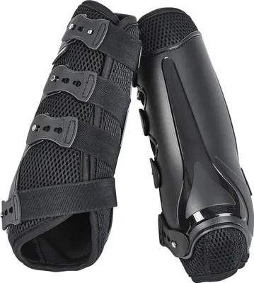Two black horse leg protection boots are shown against a white background.