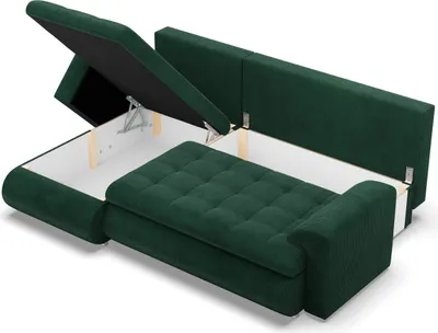 A dark green sectional sofa with its storage compartment open, revealing the interior and a tufted seat.