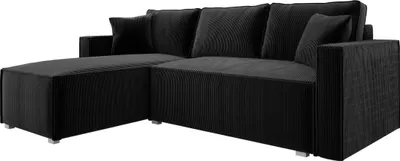Produktbild von Ecksofa mit Schlaffunktion und Bettkasten NOEMI 145x235 cm, Eckcouch Cord Schwarz, Sofa L-Form, Universal Ottomane, Couch mit Wellenfeder - PS 135