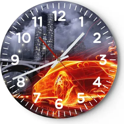 Produktbild von Wanduhr - Rund - Glasuhr - Auto Flammen Räder - 30x30cm - Schleichendes Uhrwerk - Lautlos - zum Aufhängen bereit - Dekoration Modern - Wanddekoration aus Glas - C4AR30x30-0209