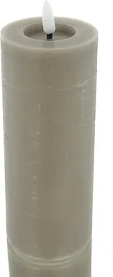 A close-up, straight-on shot of a grey LED candle with a white LED flame.