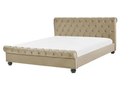 Zdjęcie produktu dla BELIANI Łóżko ze stelażem beżowe welurowe 160 x 200 cm z zagłówkiem pikowane styl glamour