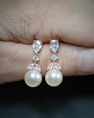 Produktbild von Perlen Ohrringe rosegold, Boho Hochzeits Ohrringe Perlen Hänge Ohrringe Hochzeit – Roségold