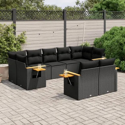 Produktbild von Design 9-tlg. Garten-Sofagarnitur mit Kissen Schwarz Poly Rattan, Gartenmöbel-Sets 2024 Neu