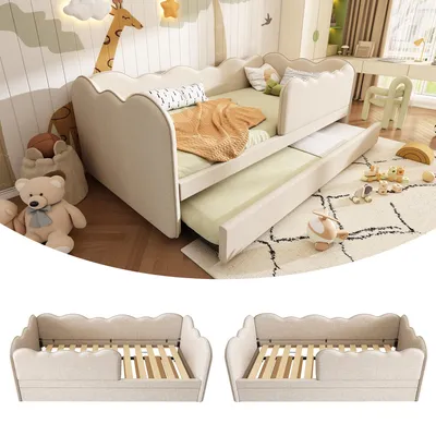 Productafbeelding van Dagbed - 90 x 190 cm, beige, linnen en metaal, met uittrekbare functie, geschikt als gastbed en ligbank voor slaapkamers en logeerkamers